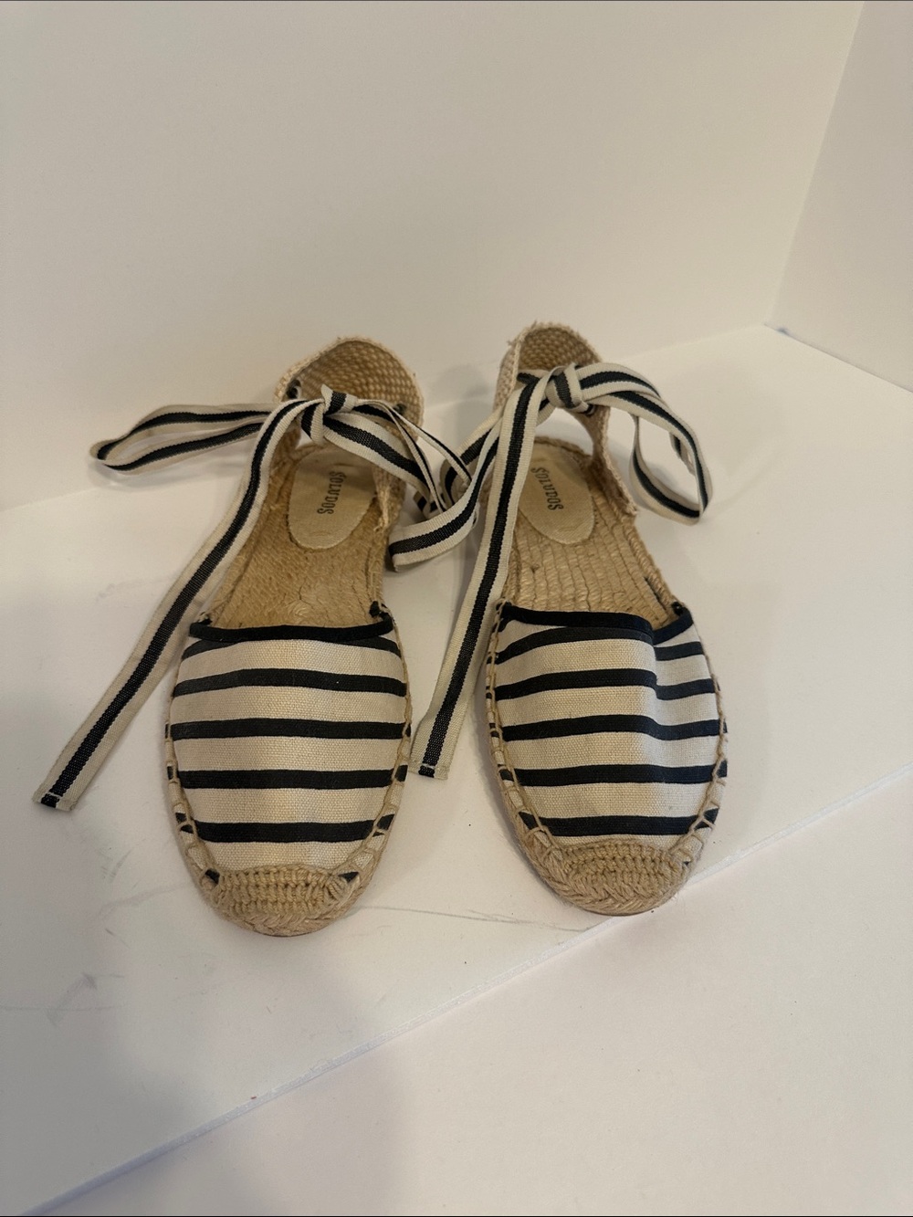 Soludos Black and Cream Striped Espadrille Tie-Front Flats